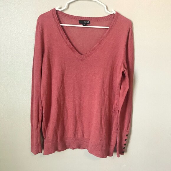 ANA Pink V Neck Lightweight Button Cuff Knit Sweater Size Large - Picture 1 of 5